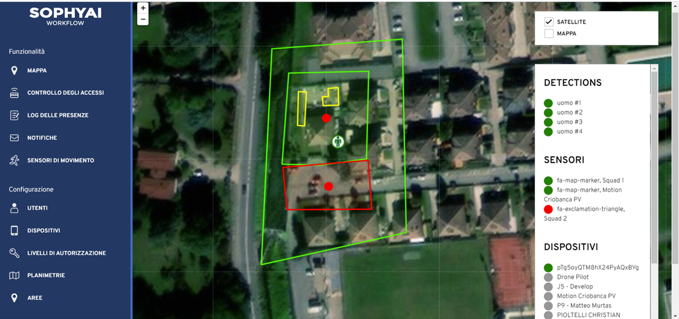 Screenshot of the SOPHYAI monitoring interface over a satellite site map